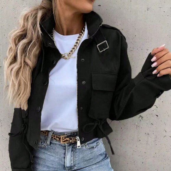 Black Casual Women Long Sleeve Front Zipper Jacket with Pockets - Picture 4 of 7